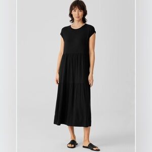 Eileen Fisher black stretch jersey knit tiered midi dress